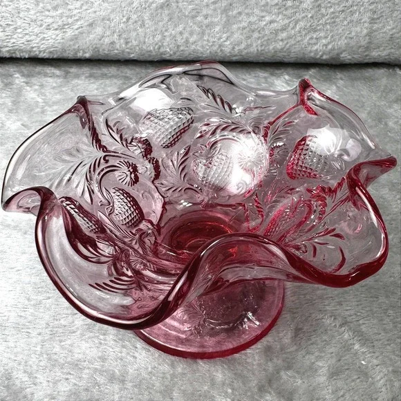 Fenton Ruby Pink Vintage Strawberry Pattern Pedestal Compote Ruffled Edge Glass - Picture 12 of 12